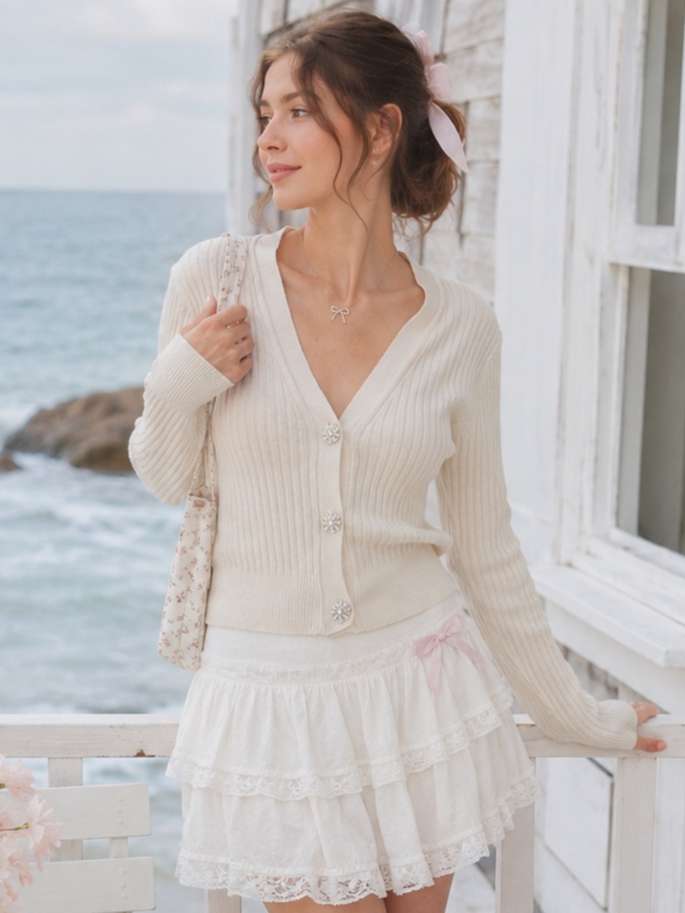 Coquette H&M Cream V-Neck Bejeweled Cardigan Quiet Luxury Coastal Grandma